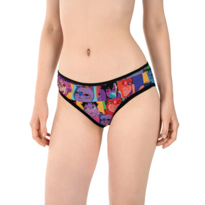 A person wearing RX-78 Gundam Panties (Copy) featuring colorful cartoon faces, standing against a plain white background.
