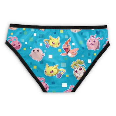 The Dandadan Opening Dandadan Panties (Copy) are teal with a black waistband and trim, adorned with colorful cartoon animal faces and blue, green, and yellow square shapes.