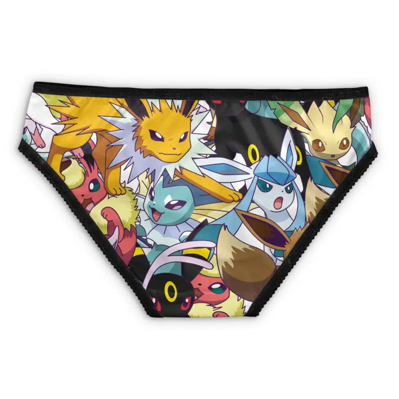 The Kanto Trainer Pokemon Panties (Copy) feature colorful prints of Eevee evolutions—Jolteon, Leafeon, Glaceon, Umbreon, Flareon, Vaporeon, and Sylveon—with a black elastic waistband and trim.