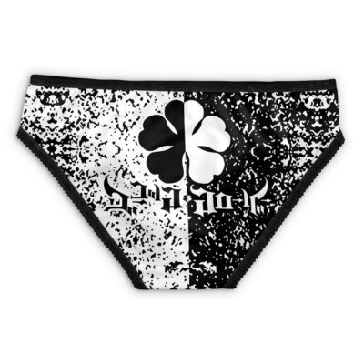 The Black Bull Black Clover Panties feature a black and white pattern with a central four-leaf clover design and mirrored text below the clover.