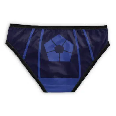 The Five Leaf Clover Bull Black Clover Panties are navy blue bikini-style underwear with black trim, a pentagon-shaped emblem, and vertical blue stripes on the front.