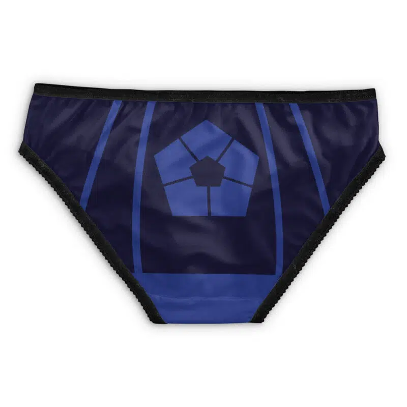 The Five Leaf Clover Bull Black Clover Panties are navy blue bikini-style underwear with black trim, a pentagon-shaped emblem, and vertical blue stripes on the front.