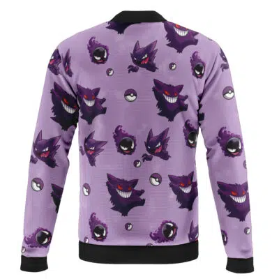 A casual bomber jacket featuring an all-over Eevee pattern, shown from the back. The collar, cuffs, and waistband are black.
