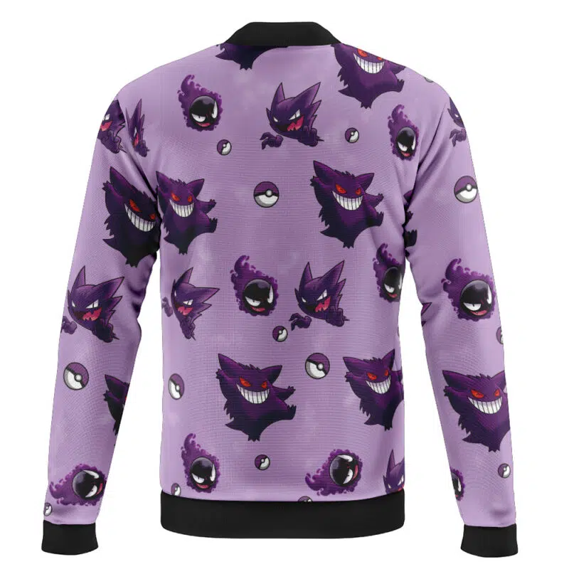 A casual bomber jacket featuring an all-over Eevee pattern, shown from the back. The collar, cuffs, and waistband are black.