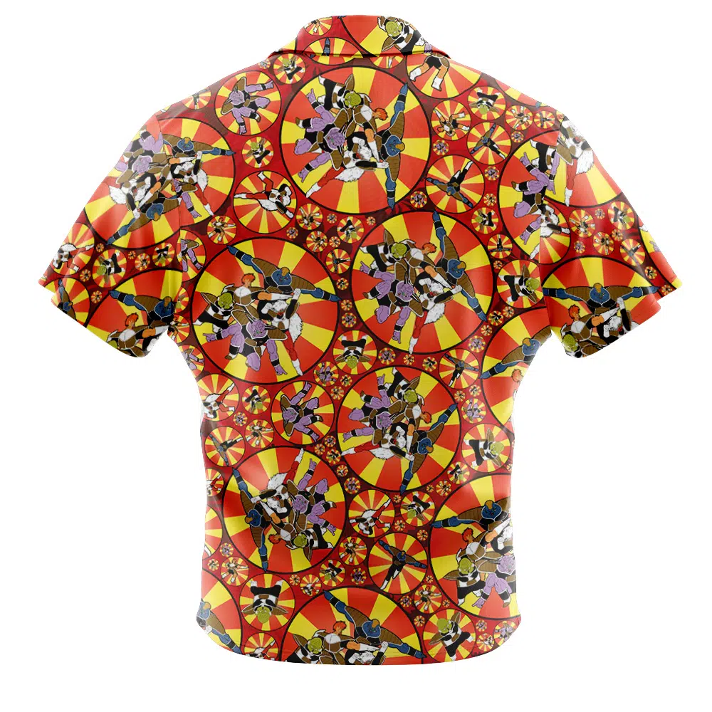 The Chibi Rias Gremory High School DXD Button Up Hawaiian Shirt features a vibrant, multicolored geometric and floral pattern in red, orange, yellow, and black covering the entire back.