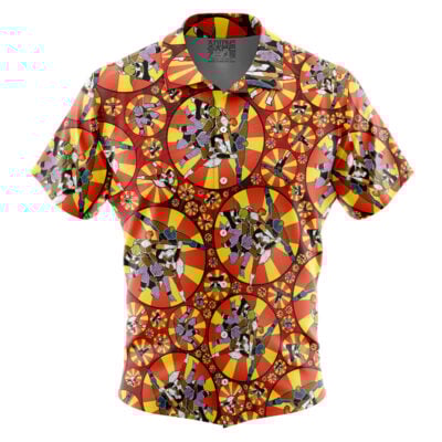 The Chibi Rias Gremory High School DXD Button Up Hawaiian Shirt features short sleeves and a bold, vibrant geometric pattern with circular and abstract designs in red, orange, and yellow for an eye-catching look.