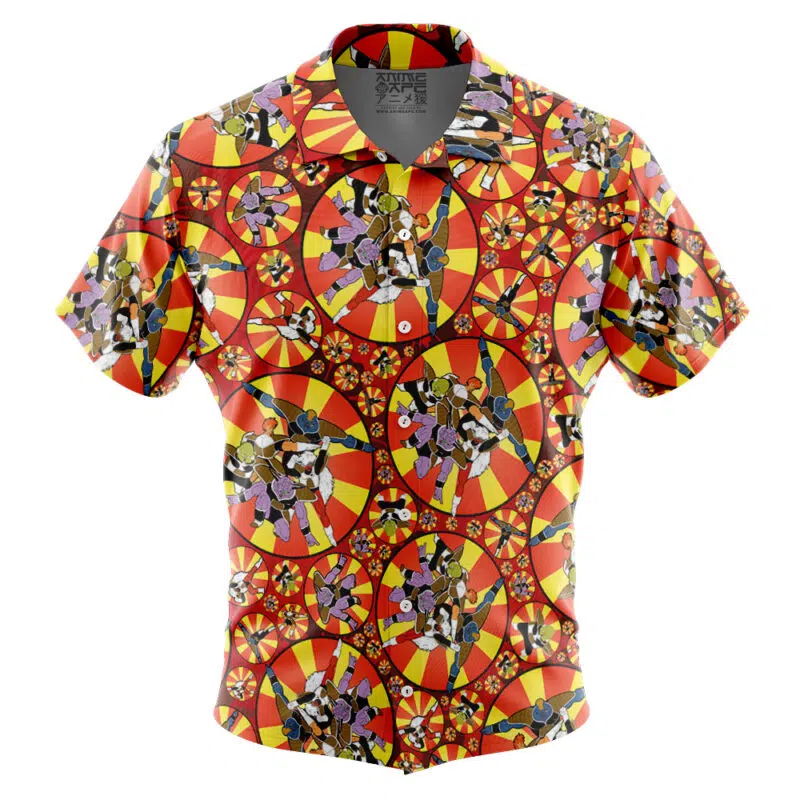 The Chibi Rias Gremory High School DXD Button Up Hawaiian Shirt features short sleeves and a bold, vibrant geometric pattern with circular and abstract designs in red, orange, and yellow for an eye-catching look.