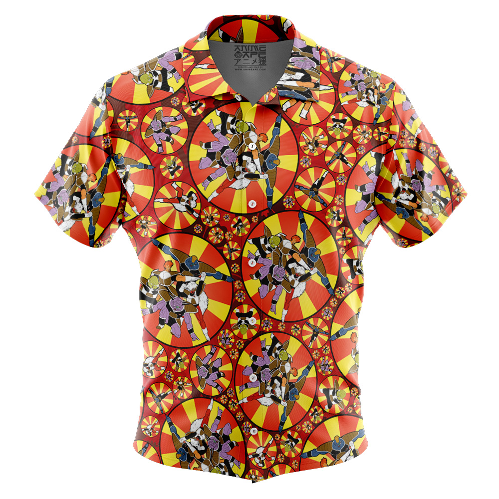 The Chibi Rias Gremory High School DXD Button Up Hawaiian Shirt features short sleeves and a bold, vibrant geometric pattern with circular and abstract designs in red, orange, and yellow for an eye-catching look.