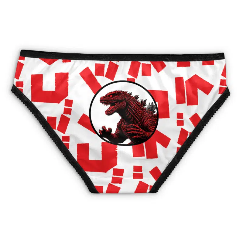 White panties with black trim featuring a red and black Planet Express Futurama design in the center, surrounded by a pattern of red geometric shapes.