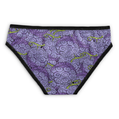 Straw Hats Jolly Roger One Piece Panties (Copy): Purple womens underwear with swirling lines, repeating eggplant illustrations, and a black elastic waistband and trim.