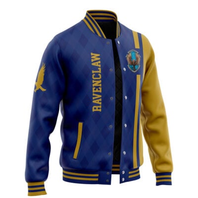 A black and gold varsity jacket featuring the word Hufflepuff, a badger emblem, and striped trim. The left sleeve and front panel are gold, while the rest is black with a diamond pattern.