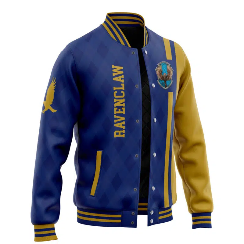 A black and gold varsity jacket featuring the word Hufflepuff, a badger emblem, and striped trim. The left sleeve and front panel are gold, while the rest is black with a diamond pattern.