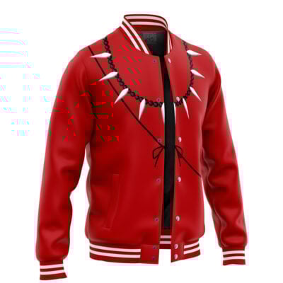 The Alucard Hellsing Varsity Jacket (Copy) is a red jacket with white striped collar, cuffs, and hem, featuring a black necklace with silver spikes print on the chest, plus visible buttons and pockets.