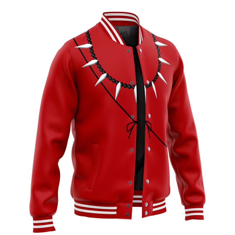 The Alucard Hellsing Varsity Jacket (Copy) is a red jacket with white striped collar, cuffs, and hem, featuring a black necklace with silver spikes print on the chest, plus visible buttons and pockets.
