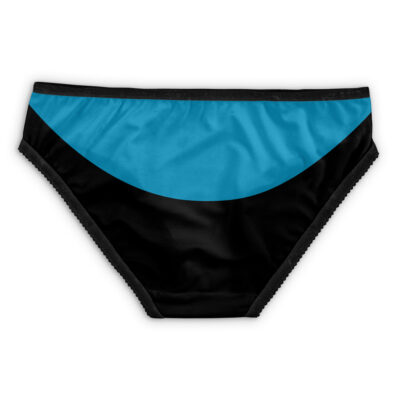 The Invincible Panties feature a black base with a curved bright blue panel across the top front, finished with black trim on the waistband and leg openings.