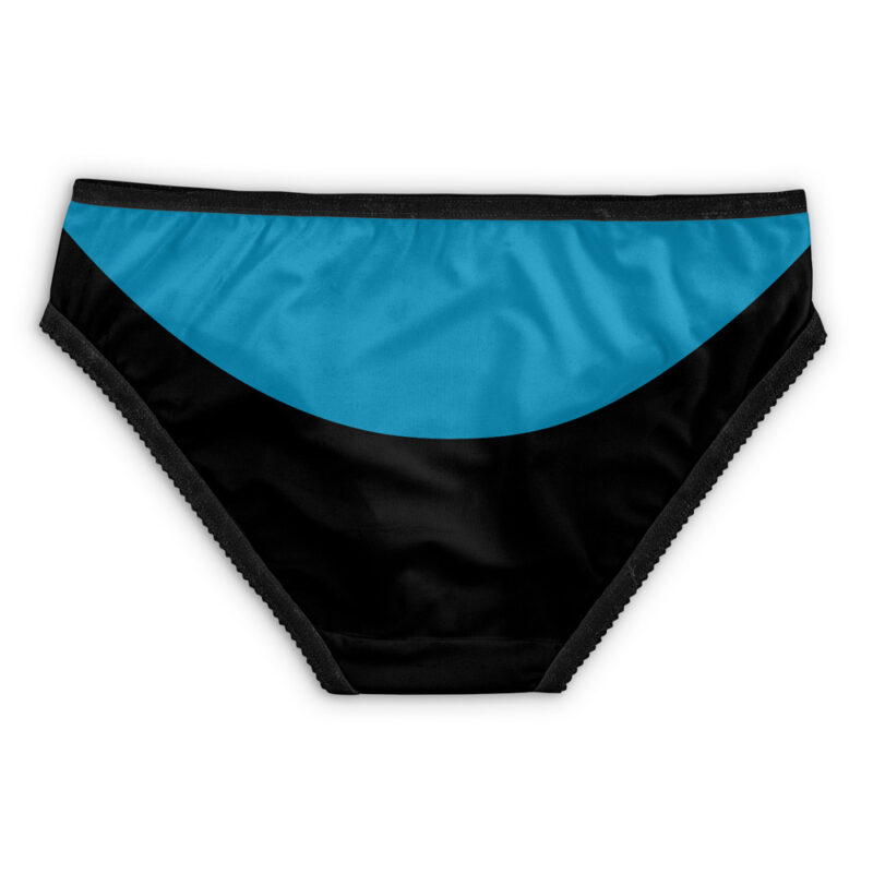 The Invincible Panties feature a black base with a curved bright blue panel across the top front, finished with black trim on the waistband and leg openings.