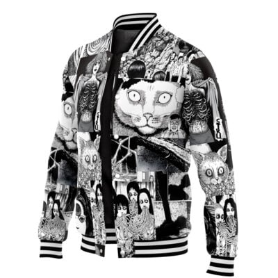 Sesshomaru Inuyasha Varsity Jacket (Copy)—a black and white bomber with surreal manga-style designs: large cat faces, eerie figures, and abstract patterns. Features striped cuffs, collar, and waistband.