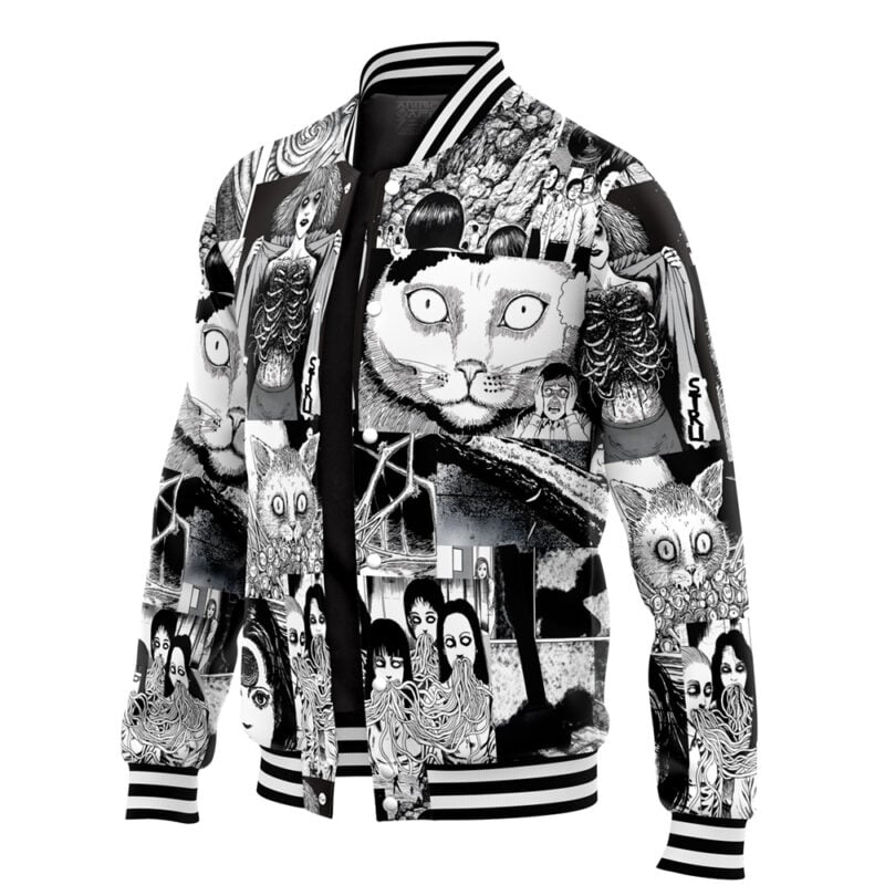 Sesshomaru Inuyasha Varsity Jacket (Copy)—a black and white bomber with surreal manga-style designs: large cat faces, eerie figures, and abstract patterns. Features striped cuffs, collar, and waistband.