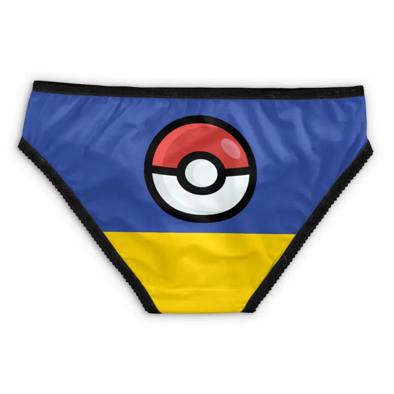 Magical Creatures Pokemon Panties (Copy) featuring a blue and yellow design with a black waistband and large Poké Ball graphic at the center.