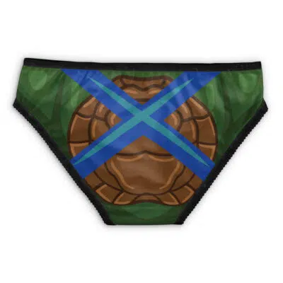 Michaelangelo Teenage Mutant Ninja Turtles Panties in green and brown feature a turtle shell design with a blue X across the front and black trim.