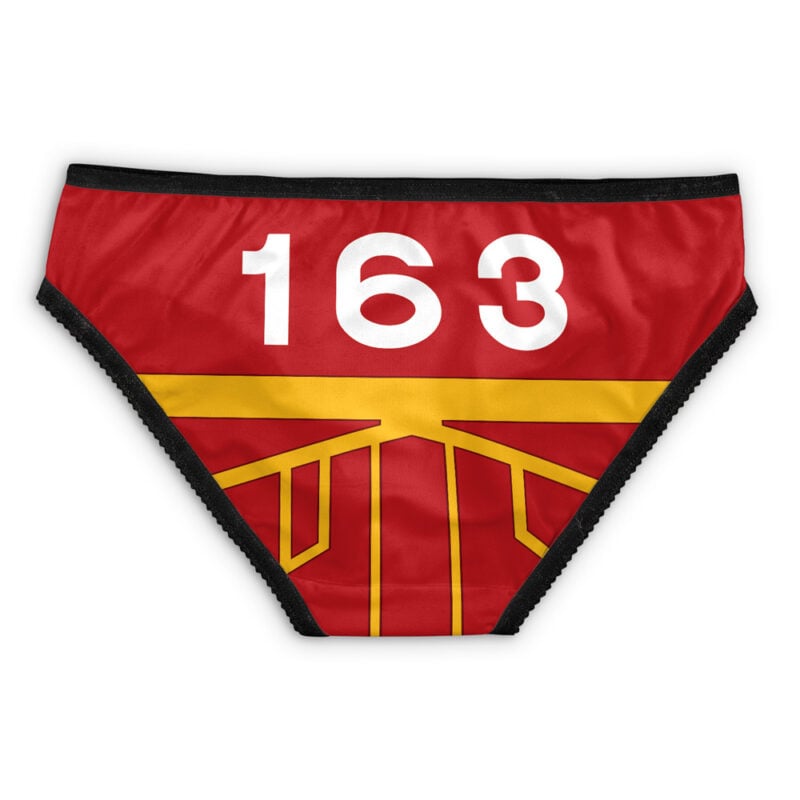 The Straw Hat Grand Fleet One Piece Panties are red with black trim, featuring a bold white 163 at the top and a yellow geometric design below the numbers.