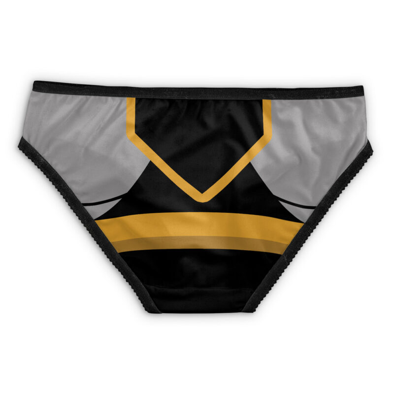 Body Improvement Club Mob Psycho 100 Panties: womens bikini-style underwear with black, gray, and gold angular and horizontal stripes, finished with black trim.