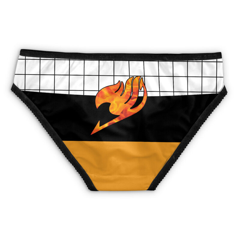 The Natsu Dragneel Fairy Tail Panties feature a black, white, and gold color scheme: a white grid top section, black middle with an orange flame emblem, and a solid gold bottom.