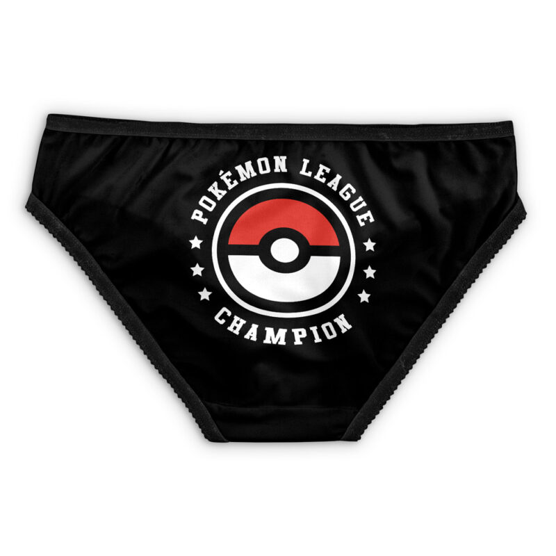 Pokeball Pokemon Panties feature black fabric with a Poké Ball graphic centered and “Pokémon League Champion” in white text, accented by small stars.