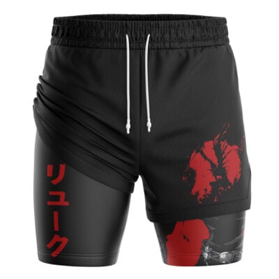 Ryuk Shikigami Death Note 2-in-1 Performance Shorts feature black fabric, red Japanese text on the left leg, a red abstract graphic and face illustration on the right, a white drawstring, and a layered design.