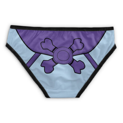 The Cream of the Crop Trippy Randy Savage Panties (Copy) are light blue with black trim and feature a purple pirate-style circle and crossed bones emblem outlined in black on the front.