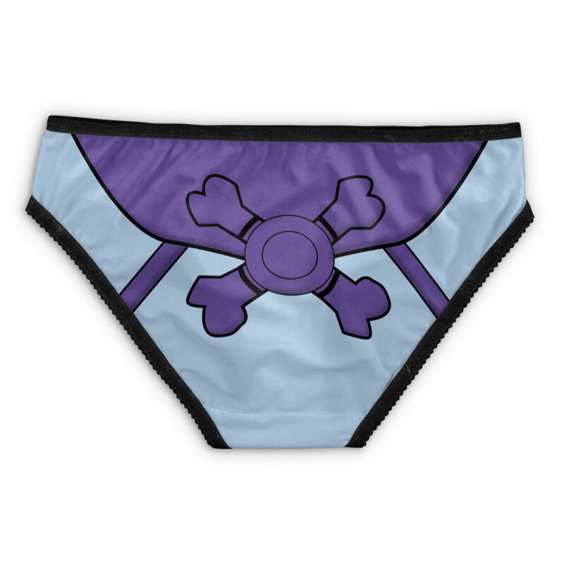 The Cream of the Crop Trippy Randy Savage Panties (Copy) are light blue with black trim and feature a purple pirate-style circle and crossed bones emblem outlined in black on the front.
