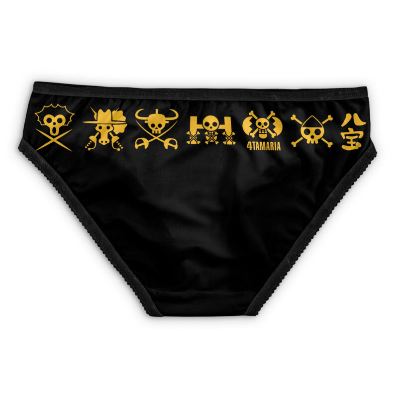 The Hippie Trip Brook One Piece Panties are black bikini-style underwear with yellow pirate-inspired skulls and Chinese characters on the waistband.
