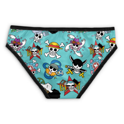 Trafalgar Law Punk Hazard One Piece Panties: Womens underwear with a light blue background, cartoon skulls in hats and sunglasses inspired by One Piece, and black trim on the edges.