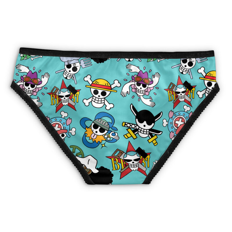 Trafalgar Law Punk Hazard One Piece Panties: Womens underwear with a light blue background, cartoon skulls in hats and sunglasses inspired by One Piece, and black trim on the edges.