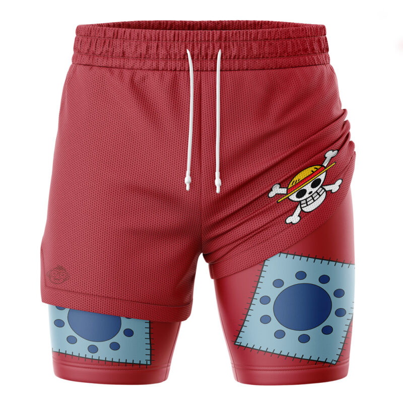 Red Yhwach Quincy Bleach 2aStraw Hats Luffy One Piece 2-in-1 Performance Shorts -in-1 Performance Shorts with white drawstrings, a skull logo on the right, and blue-silver patchwork on the lower section for an armored look.