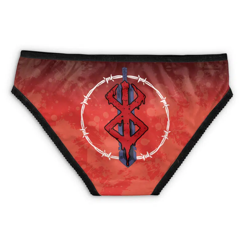 The Brand of Sacrifice Berserk Panties feature red fabric with black trim, a bold blue and red rune emblem at the center, and a white circular barbed wire design set against a textured red background.