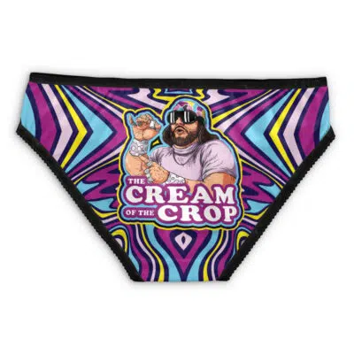 The Mystery Machine Pattern Panties (Copy) feature a vibrant purple, blue, and yellow design with a bearded man in sunglasses holding a creamer and the phrase “The Cream of the Crop” on the front.