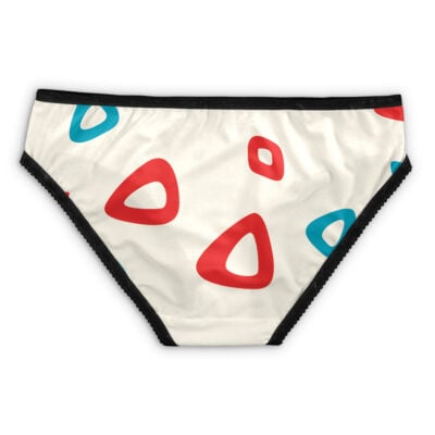 Eeveelutions Pokemon Panties (Copy): White bikini-style underwear with black trim, featuring a pattern of red and blue abstract triangles across the fabric.