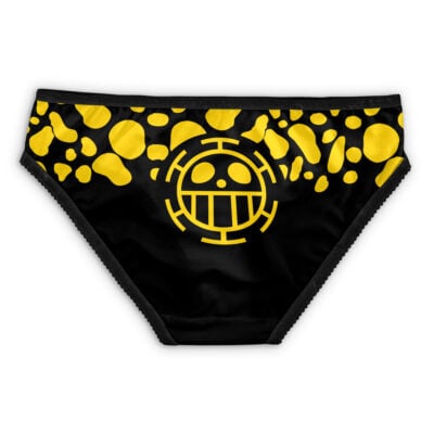 The Zoro Wano One Piece Panties (Copy) feature black fabric with a yellow paint-splatter pattern and a large smiley face logo inspired by the Heart Pirates symbol from the anime One Piece.