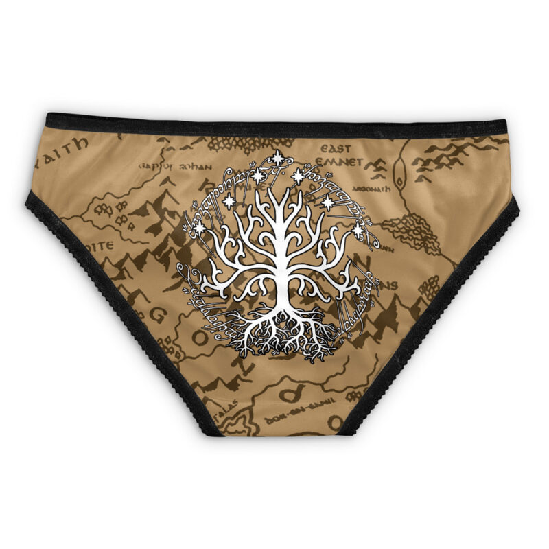 HEYYEYAA He-man Masters of The Universe Panties (Copy): Brown underwear with a black waistband, showcasing a white tree with roots and branches on a fantasy map background featuring mountains and labeled locations.