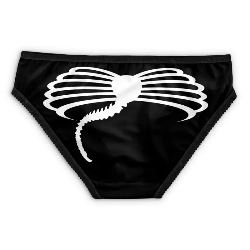 Autobots Transformers Panties (Copy) in black, featuring a white graphic resembling an X-ray of a pelvis and spine, displayed flat on a white background.