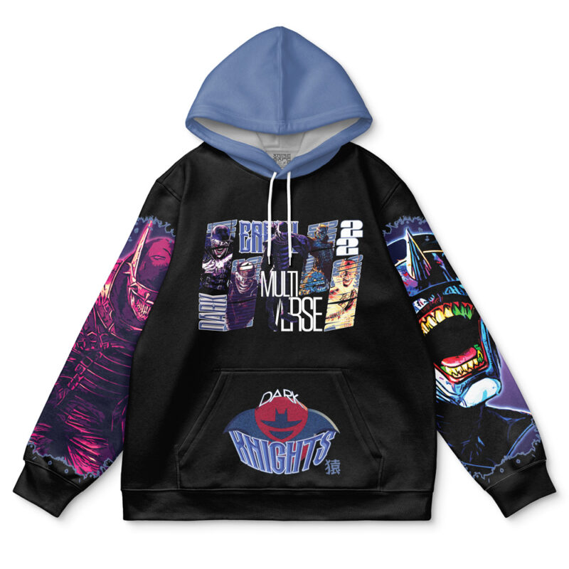 The Batman DC Comics Streetwear Hoodie features comic-style character illustrations, a light blue hood, purple sleeves with character art, and bold front graphics including Dark Knights and Multiverse 2022.