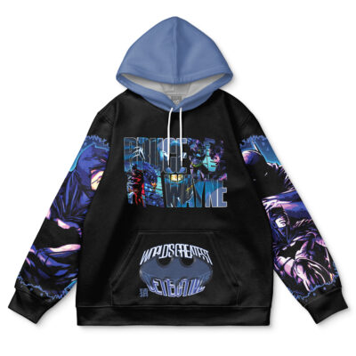 A black Maka Albarn x Soul Evans Soul Eater Streetwear Hoodie with blue hood, comic-style illustrations on sleeves and front, "BRUCE WAYNE" artwork on the chest, and bold graphics and text on the pocket.