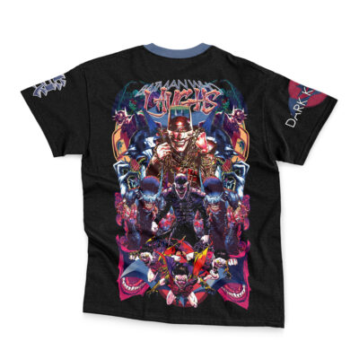 The Batman DC Comics Streetwear T-Shirt (Copy) is a black tee featuring vibrant comic book-style artwork of armored warriors, colorful geometric patterns, and stylized text on the back, with additional designs on both sleeves.