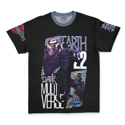 The Batman DC Comics Streetwear T-Shirt features bold comic book character graphics, EARTH 22 and DARK MULTIVERSE text, plus purple, white, and blue artwork on the front and sleeves.