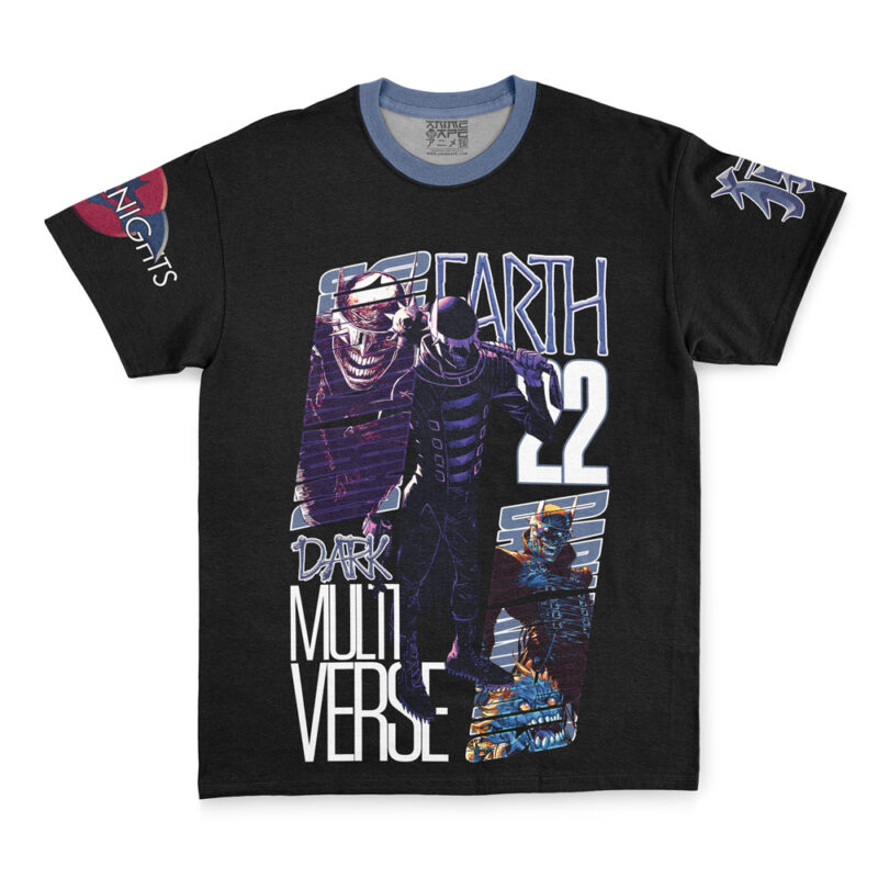 The Batman DC Comics Streetwear T-Shirt features bold comic book character graphics, EARTH 22 and DARK MULTIVERSE text, plus purple, white, and blue artwork on the front and sleeves.