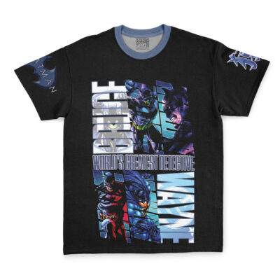 Black T-shirt featuring Maka Albarn and Soul Evans from Soul Eater in comic-style images, large blue and white text reading “World’s Greatest Detective,” and themed logos on the sleeves and collar.