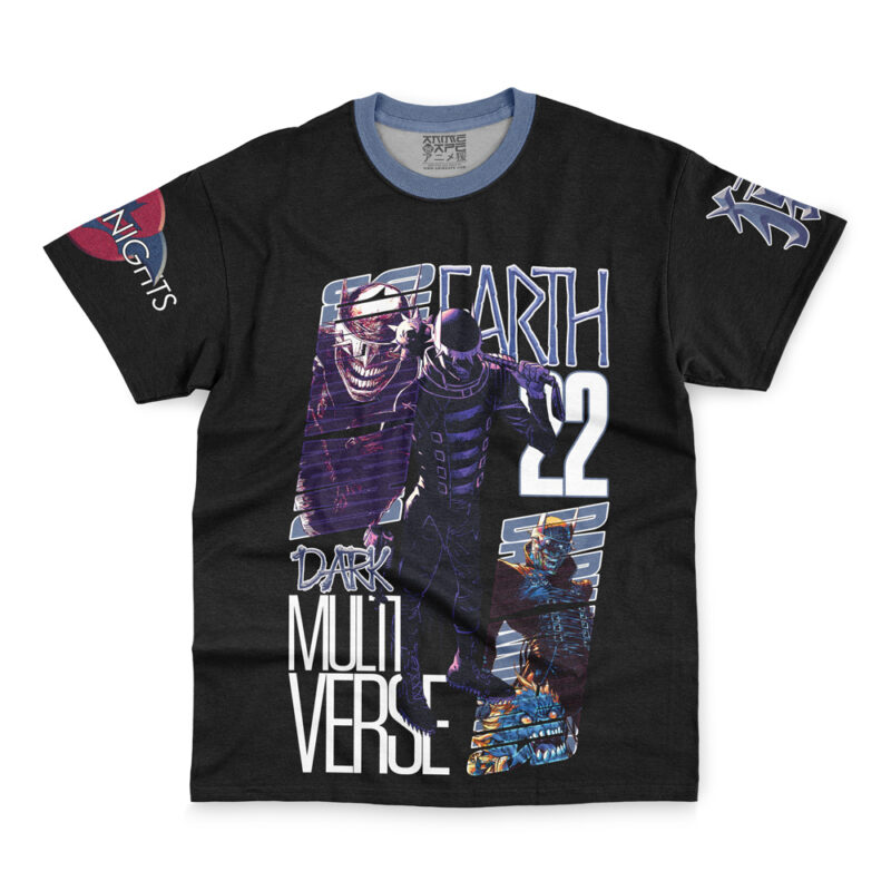 Batman DC Comics Streetwear T-Shirt with bold comic-style graphics of three characters, large EARTH 22 and DARK MULTIVERSE text, plus red, blue, and white designs on the sleeves.