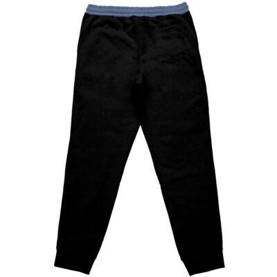 The Maka Albarn x Soul Evans Soul Eater Streetwear Sweatpants feature a black design with a blue elastic waistband and cuffed ankles, displayed flat on a white background.