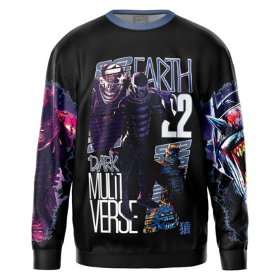 The Batman DC Comics Streetwear Sweatshirt is black with bold, colorful comic-style art of masked and monstrous characters, featuring "EARTH 52" and "DARK MULTIVERSE" text across the front and sleeves.
